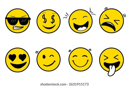 Iconos simples de la expresión del garabato. Conjunto de Vector de caras de emoji dibujadas a mano. Varios sentimiento Emoji colección. Estilo de boceto