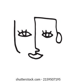 Simple doodle faces. Human abstract line face. Nail female stamp.