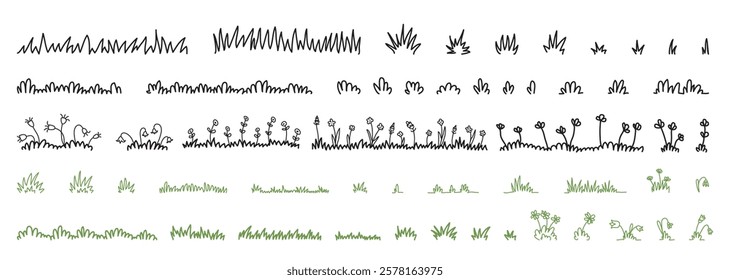 Simple doodle field or meadow grass plants drawing in linear minimalistic style set isolated on white background. Spring summer seasonal herbs contour graphic sketch elements vector illustration
