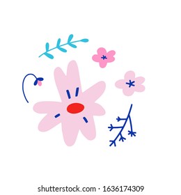 Simple doodle flower arrangement, cute various garden flowers and branches isolated on white background, abstract little flowers ornament, good for card, print or icon.