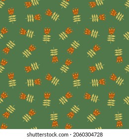 Simple doodle flower folk art seamless pattern on green background. Floral nature wallpaper. Folklore style. For fabric design, textile print, wrapping, cover. Simple vector illustration.