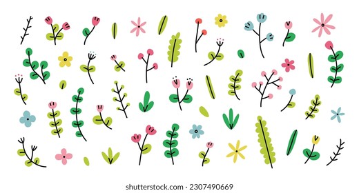 Simple doodle flowers, leaves, branches, and plants. Minimalist spring floral set. Flat vector illustration.