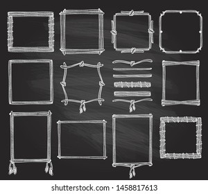 Simple Doodle Frames And Dividers Set On A Chalkboard, Marine Style With Ropes And Knots