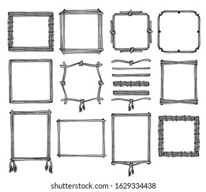 Simple doodle frames and dividers set, marine style with ropes and knots