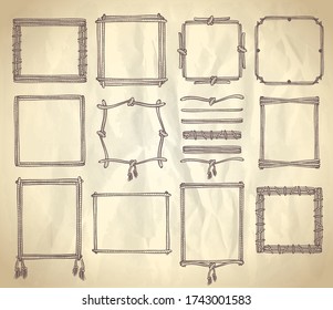 Marco simple de doodle y de separación, estilo marino con cuerdas y nudos, papel vintage de estilo antiguo