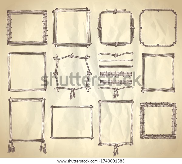 Simple doodle frames and dividers\
set, marine style with ropes and knots, old style vintage\
paper