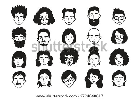 Simple doodle friendly style line monochrome avatars. Different male and female faces isolated on white background. Black and while palette. Men and women abstract portraits. For social media, prints.