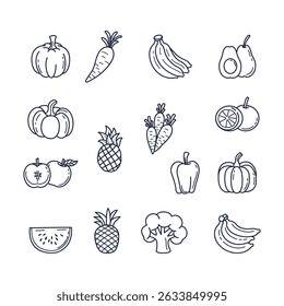 Simple Doodle Fruits and Vegetables Outline Illustration Set