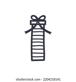 Simple doodle gift box icon, black silhouette bow ribbon isolated on white background, kids drawing sketch style. Children birthday present package, Merry Christmas minimal drawing