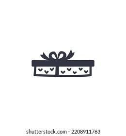 Simple doodle gift box icon, black silhouette bow ribbon isolated on white background, kids drawing sketch style. Children birthday present package, Merry Christmas minimal drawing