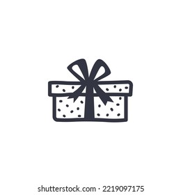 Simple doodle gift box icon, black silhouette bow ribbon isolated on white background, kids drawing sketch style. Children birthday present package, Merry Christmas minimal drawing