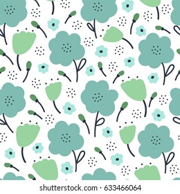 Simple doodle green and blue flower pattern. Seamless retro cute background. Vector illustration.