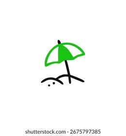 Simples rabiscar de um guarda-chuva de praia verde e branco em um pedaço de areia