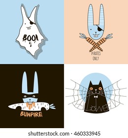 simple doodle halloween characters posters set