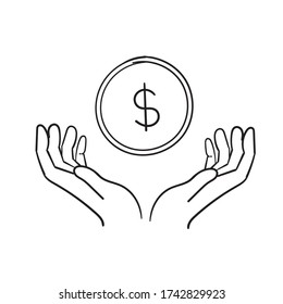 Mano simple de garabato con un icono de la línea de monedas. Diseño de ilustración de vector de símbolo y signo. caricatura de dibujo a mano