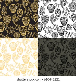 Simple doodle hand drawn pattern with calavera sugar skull and crystal gems. Graphic image on occult theme with different color versions. Tile seamless vector.