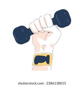 Simple doodle hands concept. Arm with dumbbell. Poster or banner. Minimalistic creativity and art. Fitness and sport. Cartoon flat vector illustration isolated on white background