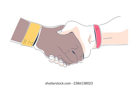 Simple doodle hands concept. Black and white arms shaking. Collaboration and cooperation. Minimalistic creativity and art. Cartoon flat vector illustration isolated on white background