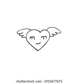 Simple doodle heart. Hand drawn heart with wings isolated on white background. Valentine's Day symbol. Vector illustration.