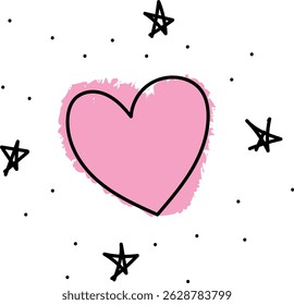 Simple doodle of a heart surrounded by a galaxy of stars on a pink background, symbolizing love.