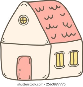 A simple doodle house with charming window details. Vector Illustration.