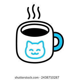 Simple doodle icon of coffee cup or tea mug with kawaii cat face. Cute cartoon morning hot drink drawing. Hand drawn vector illustration.