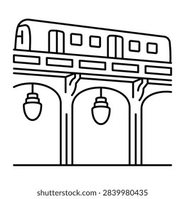 Simple doodle icon depicting an elevated railway bridge with a train traveling across its upper level and structural arches below.