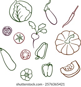 A simple doodle icon for a set of vegetables. Cabbage, pepper, eggplant, Tomato, radish and beetroot.