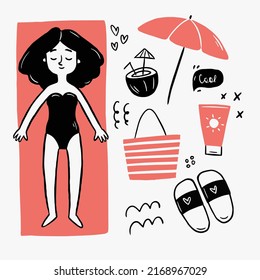 Simple doodle illustration of girl sunbathing on the towel on the white background. Beach season doodle set. Vacation black and white doodle collection.