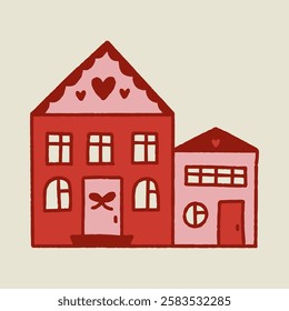 Simple doodle illustration of a house. Cute vintage illustration. Design for a card, poster. Hand drawn wire phone.