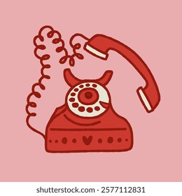 Simple doodle illustration of an old phone. Cute vintage illustration. Design for a card, poster. Hand drawn wire phone.