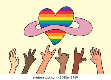 simple doodle illustration rainbow heart as a planet and people arms lgbt and pride in vector. image for posters, stickers, logo, cards, invitations
