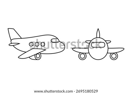 Simple doodle illustration two airplanes viewed from side and front. Perfect for kids designs, education and travel themes. Coloring page.