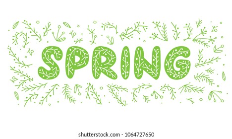 Simple doodle lettering. Hand drawn vector combination of a word with branches, grass and leaves. Ideal fresh design.