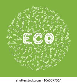Simple doodle lettering. Hand drawn vector combination of a word with branches, grass and leaves. Ideal fresh design.