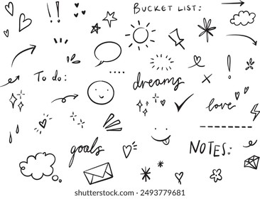 simple doodle line art elements with stars, hearts illustrated icons.