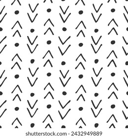 Línea de Doodle Simple y DotsTexture. Patrón blanco y negro sin costuras. Tinta de pluma Dibujo garabatos. Fila de flechas dibujada a mano. Garabatos abstractos monocromos. Ilustración minimalista moderna para diseño