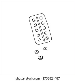 Simple Doodle medicine packing of pills, tablets, capsules isolated on white background. Vector EPS10 illustration. Health and care. Design for clinics, hospitals, pharmacies, medical poster