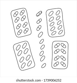 Simple Doodle medicine packing of pills, tablets, capsules isolated on white background. Vector EPS10 illustration. Health and care. Design for clinics, hospitals, pharmacies, medical poster