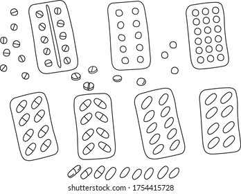 Simple Doodle medicine packing of pills, tablets, capsules isolated on white background. Vector EPS10 illustration. Health and care. Design for clinics, hospitals, pharmacies, medical poster