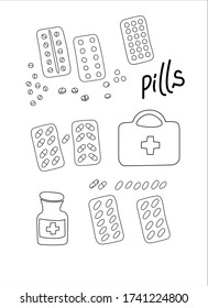Simple Doodle medicine pills, tablets, capsules and packaging bottle, first aid kit isolated on white background. Vector EPS10 illustration. Health and care