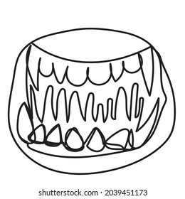 Simple doodle mouth with one-line teeth on a white background. Menacing grin of a person or animal. Displeased facial expression. Halloween element for design and decoration.