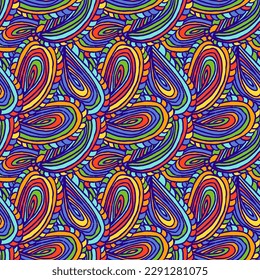 Sencillo paisajismo de doodle, sin fisuras de vectores, diseño colorido al estilo hippie, impresión bohemia en colores brillantes con líneas y bucles