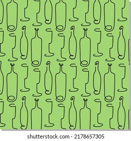 Simple doodle patter with glasses and bottles on green background