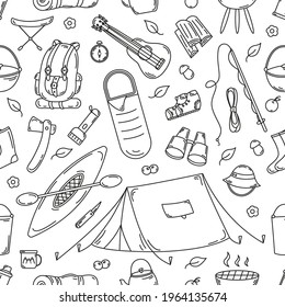 Simple doodle pattern with camping and hiking elements - map, backpack, bonfire. Vector illustration.
