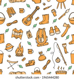 Simple doodle pattern with camping and hiking elements - map, backpack, bonfire. Vector illustration.