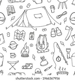 Simple doodle pattern with camping and hiking elements - map, backpack, bonfire. Vector illustration.