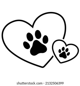 Simple doodle paw shape in heart. Black and white paws logo design. Illustration about pet animal and wild animals in line art, outline style.