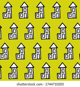 Simple doodle pint with cozy homes on yelow background. White houses are located in chaotic style. Seamless pattern for decoration, wrapping paper and children’s goods. Vector illustration. 