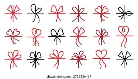 Arcos de regalo rojos Doodle simples con cuerda y nudo: arte de línea mínima para Navidades, cumpleaños y decoración de Festiva.